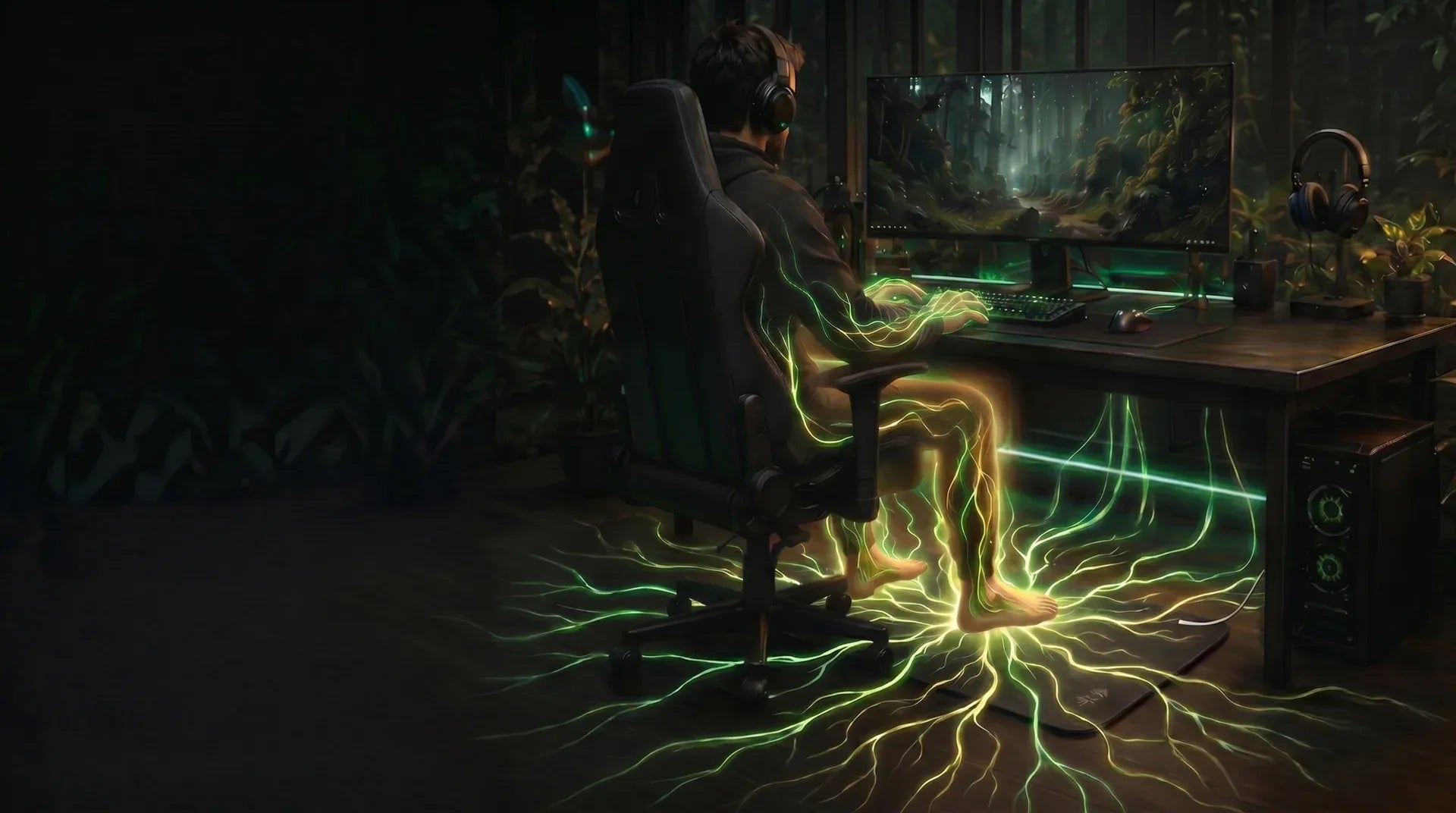 A premium dark forest gaming setup with a grounding mat under the desk