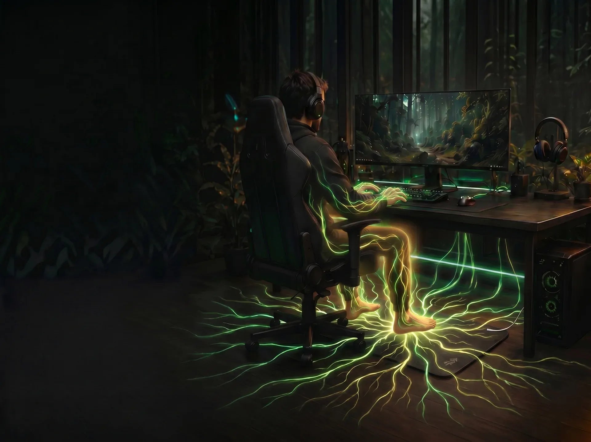 A premium dark forest gaming setup with a grounding mat under the desk